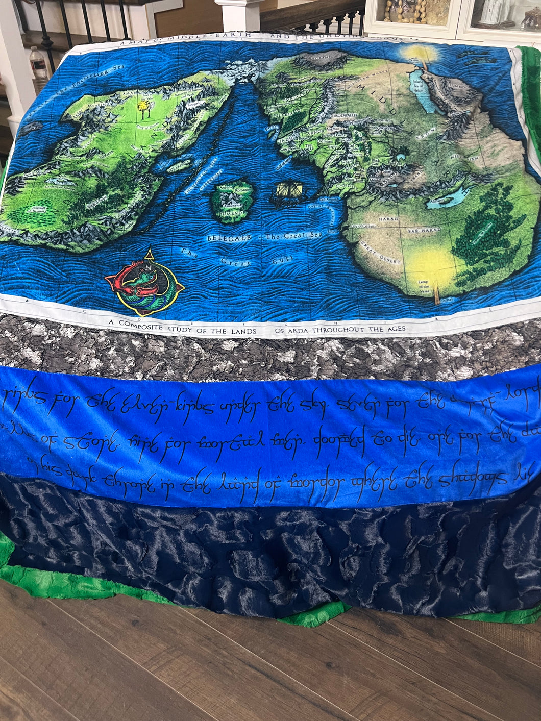 Map of Undying Lands, Middle Earth, & Numenor Mega Minky blanket - Green Back