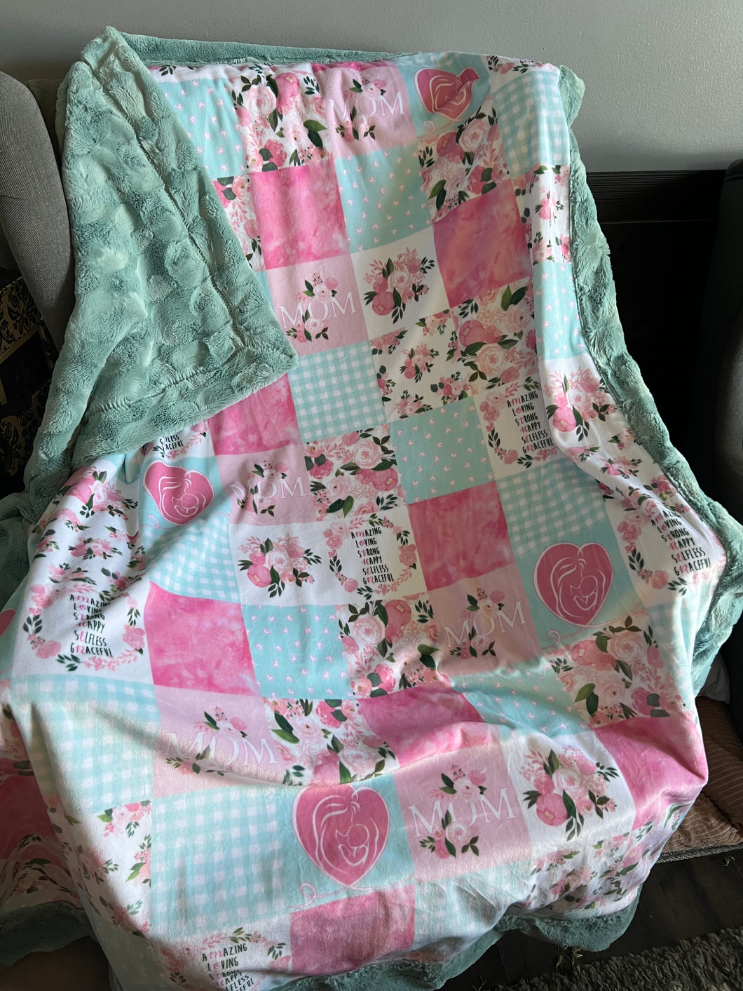 Mom Minky blanket. Green blue back.