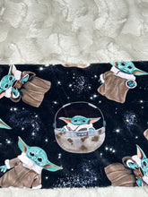 Load image into Gallery viewer, Baby Yoda Blue Stripe Mega Minky Blanket
